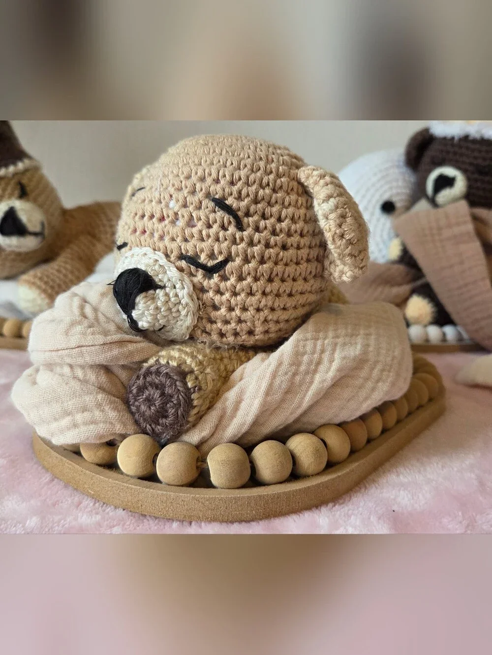 Handmade Baby Shower Centerpiece Crochet Sleeping Brown Bears with Blankets